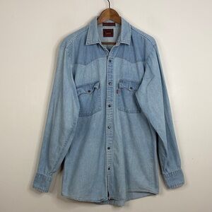 Vintage Levi's Shirt Mens Large Tall Light Blue Denim Jean Western 90s Workwear